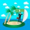 Business risk and survival concept. Businessman on a tropical island fly a sail and a dollar flag. Vector illustration.