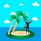 Business risk and survival concept. A businessman on a tropical island looks through a spyglass. Vector illustration.