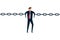 Business risk, tried fatigue businessman trying to hold broken chain together with his low energy