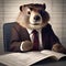 A business-savvy beaver in a sharp suit, examining a blueprint with reading glasses5