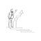 business situation - standing businessman presenting rising charts in continuous line drawing style, thin linear vector