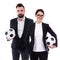 Business and sport concept - young handsome bearded businessman and businesswoman with soccer balls isolated on white