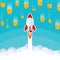 Business start up,rocket launch on sky cloud,gold coin falling from sky flat vector