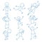 Business stickman. Hand drawn figures in different action poses running standing holding pointing sitting jumping vector