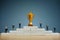 Business strategy conceptual photo - Miniature of businessman stands on podium ladder with golden trophy