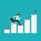 Business success concept. Businessman run and jump to goal on the red line graph and white bar chart, career growth, move up