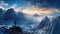 Business, Success, Leadership and Achievement Concept. Man Hiking on Top of a Rocky Mountain Peak with Sky and Clouds. Generative