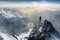 Business, Success, Leadership and Achievement Concept. Man Hiking on Top of a Rocky Mountain Peak with Sky and Clouds. Generative