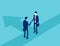 Business in suits shake hands. Business agreement and contract concept. Isometric vector cartoon style design