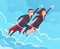 Business superheroes background. Male in action poses powerful teamwork heroes flying in sky vector business pictures