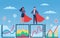 Business superheroes. Man and woman in flowing capes and suits standing on growth graph, professionals group together