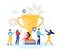 Business team success, achievement concept. Flat People Characters with a prize raise glasses of champagne, Golden Cup. Office wor