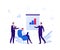 Business teamwork and coworking office concept. Vector flat person illustration. Man in suit make presentation with column on