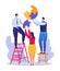 Business teamwork job, businessman standing ladder hold puzzle detail, businesswoman help firm flat vector illustration