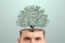 Business thinking, instead of a brain, a money tree sticks out of a man`s head, dollars. Creative background, business concept,