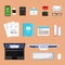 Business top view. Finance topping stuff office organization items laptop books paper workspace vector flat pictures
