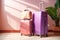 Business tourist arrival pink background baggage trip bag traveler vacation suitcase departure