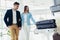 Business travelers put baggage on X-ray machine try to detection metal prevention at the airport