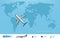 Business trip banner with Airplane and world map background. Realistic Aircraft travel concept. Flight travel world map