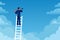 Business vision. Businessman stands on career ladder with telescope. Promotion, success new opportunities, visionary