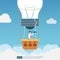 Business vision design concept. Businessman character flying in the sky on hot air balloon and planning ahead. Looking through