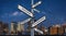 Business ways to success on directional signpost, city at night background