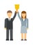 Business winners people group silhouette excited hold hands up raised arms with gold award vector.