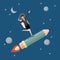 Business woman astronaut on pencil rocket