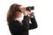 Business woman with binoculars - isolated