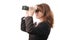 Business woman with binoculars - isolated