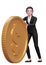 business woman in a black suit send big coins by pushing