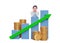 business woman in blue shirt putting her chin in hand while leaning on bar chart Stock growth with up graph statistics arrow