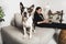 Business Woman with is Boston Terrier on the living room with laptop