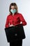 Business woman with briefcase and mask protection
