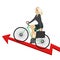 Business woman with briefcase riding bicycle up a success arrow. Business growth concept.