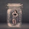 Business woman captured in glass jar with hand drawn media icons