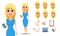 Business woman cartoon character creation set. Young attractive businesswoman in fashionable blue dress.
