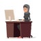 Business woman character arab cute traditional clothing hijab abaya desk working computer isolated cartoon design vector