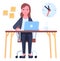 Business woman character. Female clerk working with laptop. Office workplace. Employee in formal wear. Businesswoman