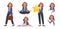 Business woman character set. A girl goes to work, meditates, works at desktop, holds a star, a review or a rating