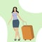 Business woman character vector. Cheerful smiling vector cartoon female character with luggage travelling by plane.