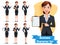 Business woman character vector set. Businesswoman characters with pose and gestures like standing and showing checklist element.
