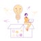 Business Woman or Developer Character Sitting on Huge Open Carton Box with Glowing Light Bulb and Flying Airplanes