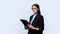 Business woman with documents on clipboard, on white background