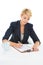 Business woman, documents and writing in studio with legal information, checklist or review of rules and job policy
