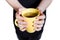 Business woman drink coffee, hold yellow coffee cup