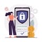 Business woman ensures safety of device on phone screen. Concept of personal data protection and secure sign-in. Profile