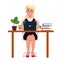 Business woman entrepreneur working on laptop at her office desk. Cute cartoon character.