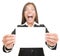 Business woman excited holding blank sign card