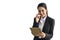 Business woman in formal suit holding taplet and phone communicating on white background